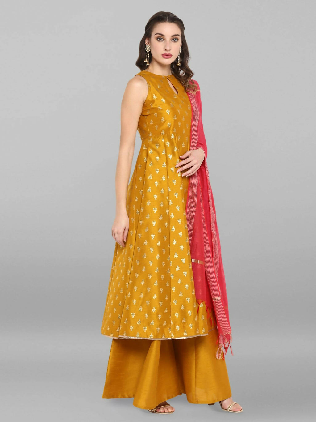 Janasya Women's Mustard Rayon Foil Print Kurti With Palazzo