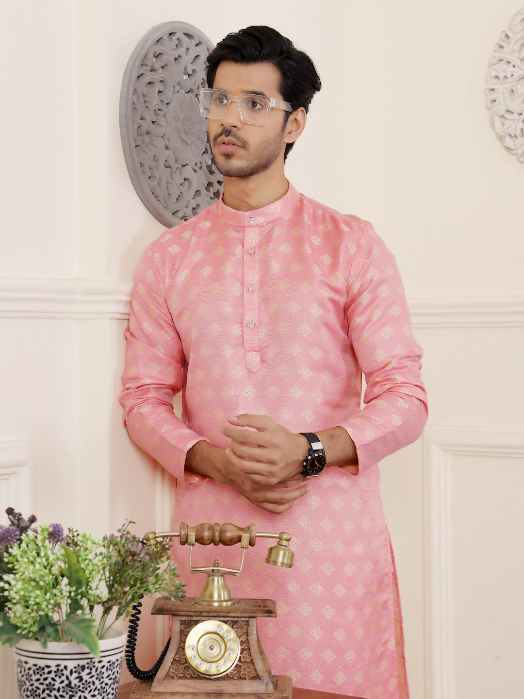 Pink Viscose Woven Jacquard Work Men's Rajwadi Kurta Set - Mahotsav