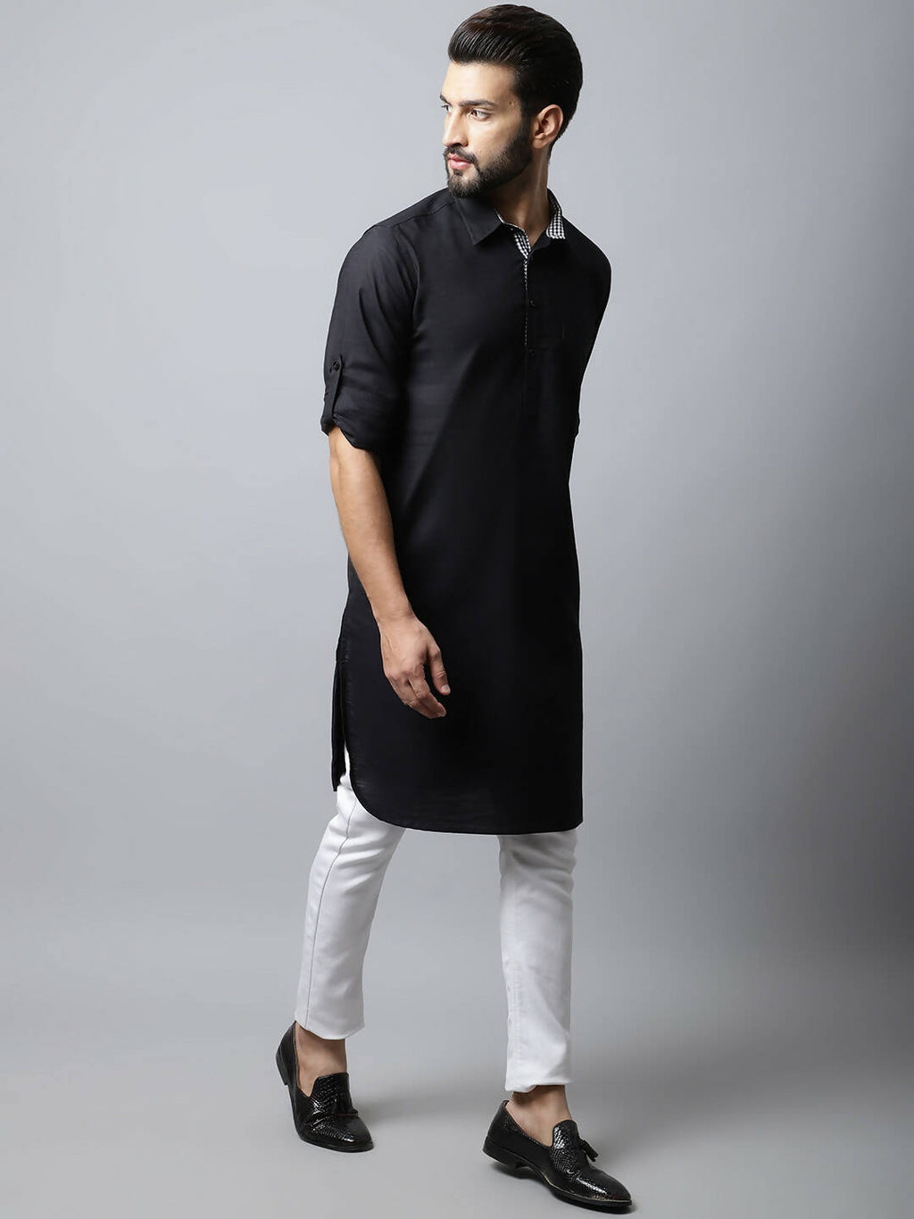 Even Apparels Black Color Linen Solid Men's Kurta With Shirt Collar (LN761)