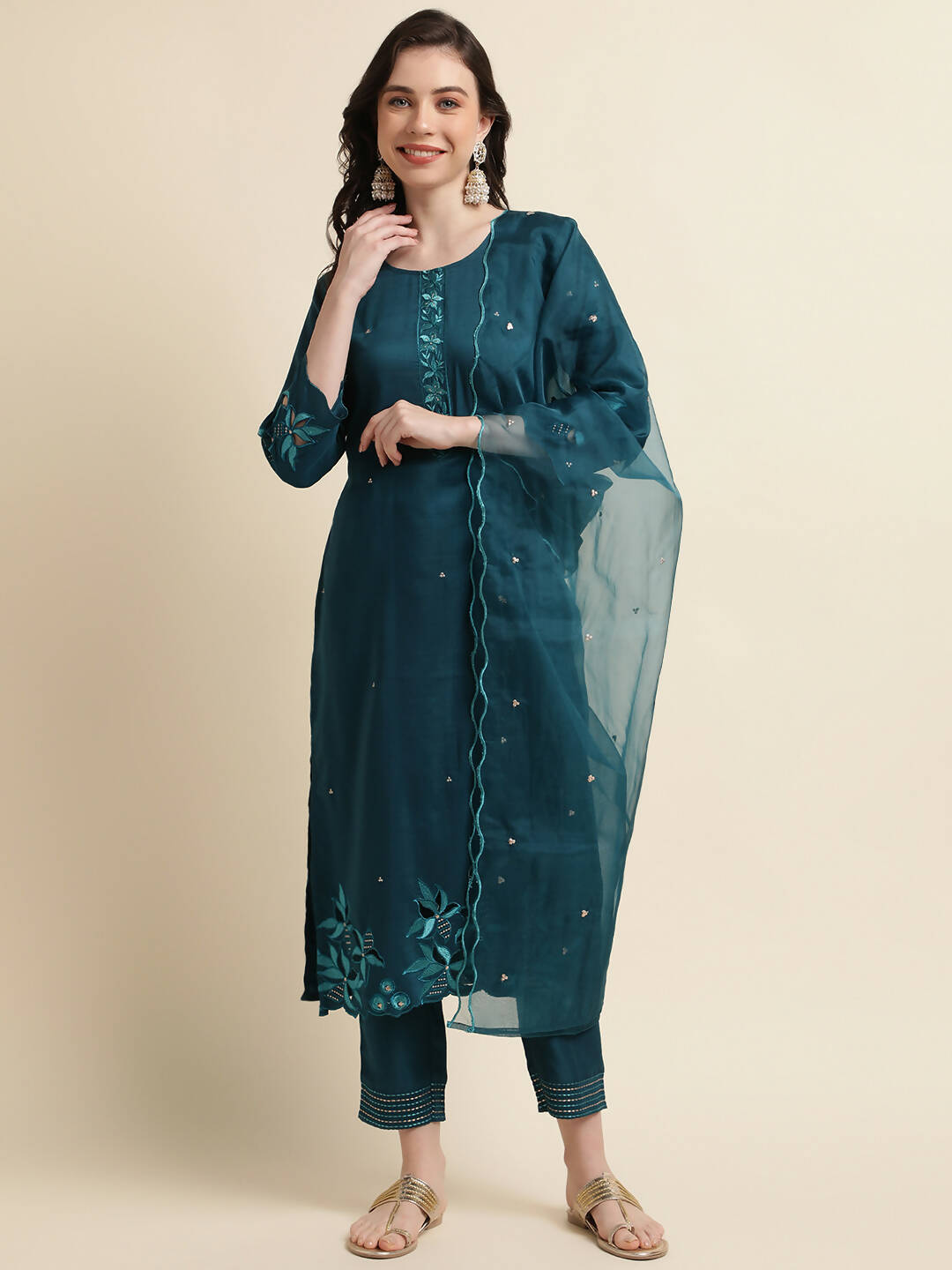 Teal Chinon Silk Embroidered Straight Kurta with Trouser & Dupatta - Salimar