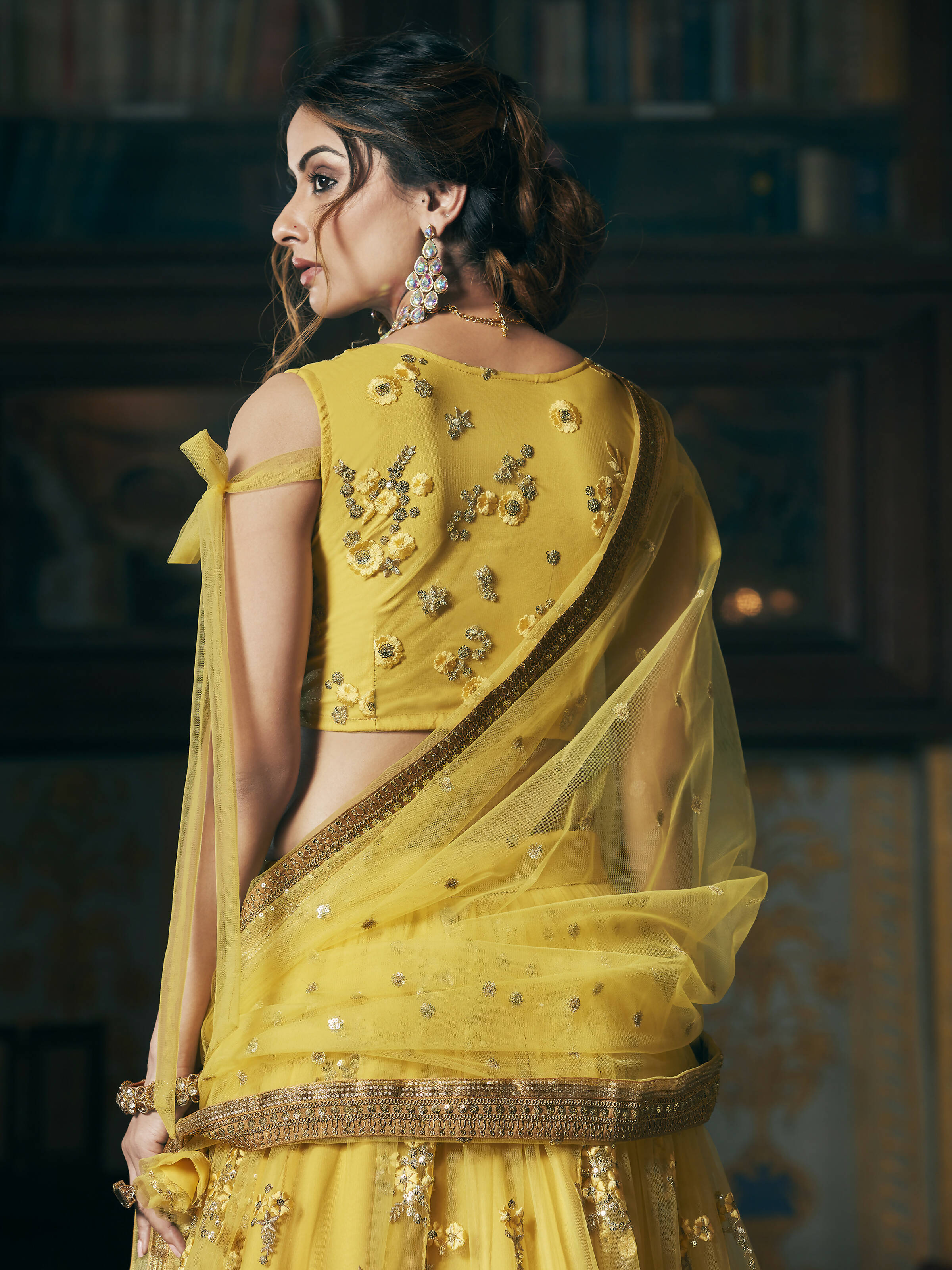 Wedding Designer Sequene Zari Resham Embroidery Yellow Net Lahengha Choli - Anbazaar