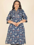Aramya Blue Soft Cotton Floral Straight Kurta for Women