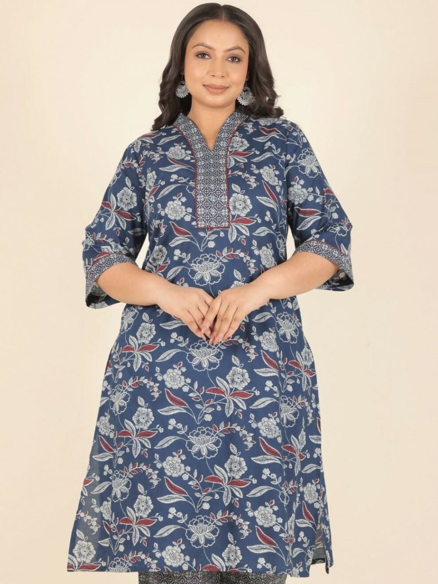 Aramya Blue Soft Cotton Floral Straight Kurta for Women