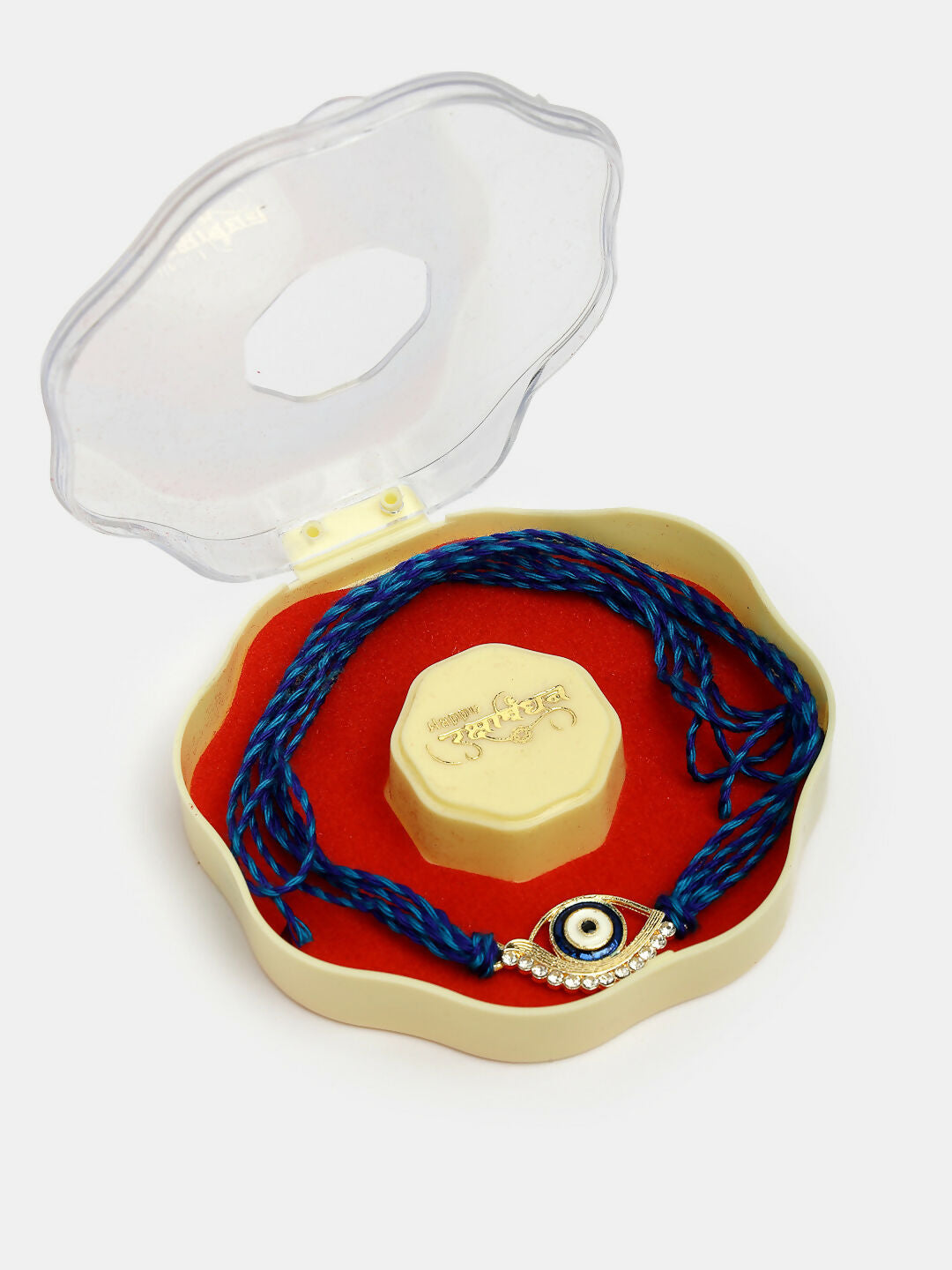 NVR Women & Men Set of 2 Blue Evil Eye Bhaiya Bhabhi Rakhi Set With Roli Chawal & Chocolate