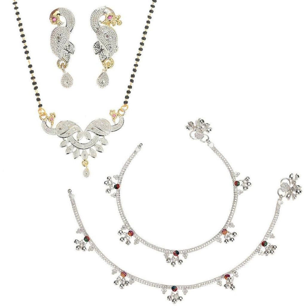 AanyaCentric Gold-Polished Mangalsutra Pendant Earring Set & Silver Plated Anklet