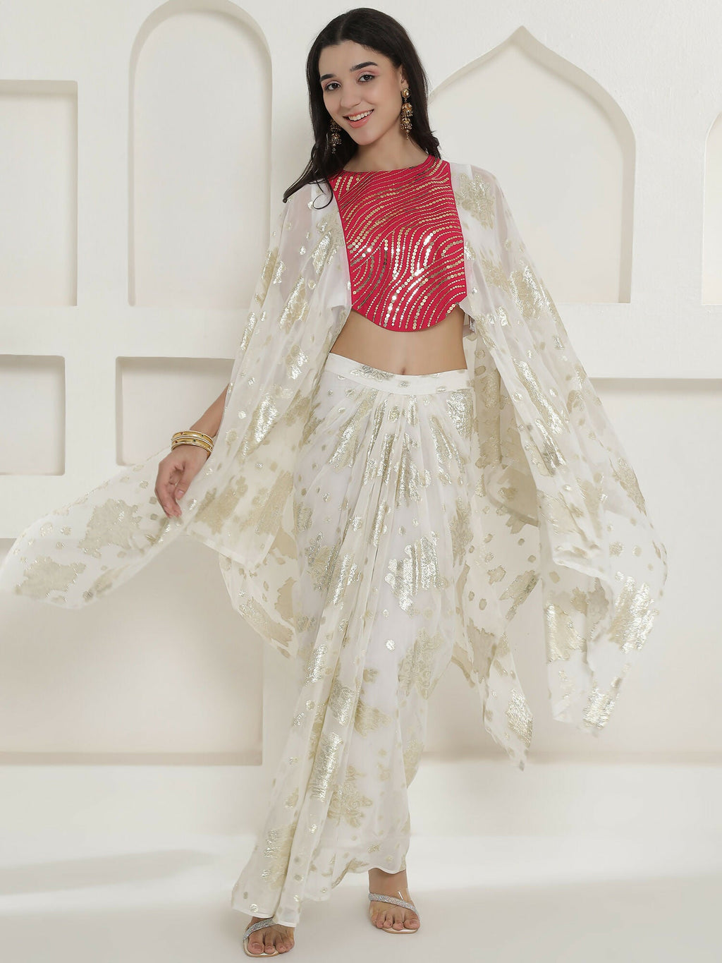 Joban Fashion White & Pink Kaftaan With Skirt
