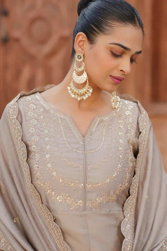 The52 Brown Women's Gorgeous Vichitra Silk Fabric Embroidered Work Flared Anarkali Pant and Dupatta Set