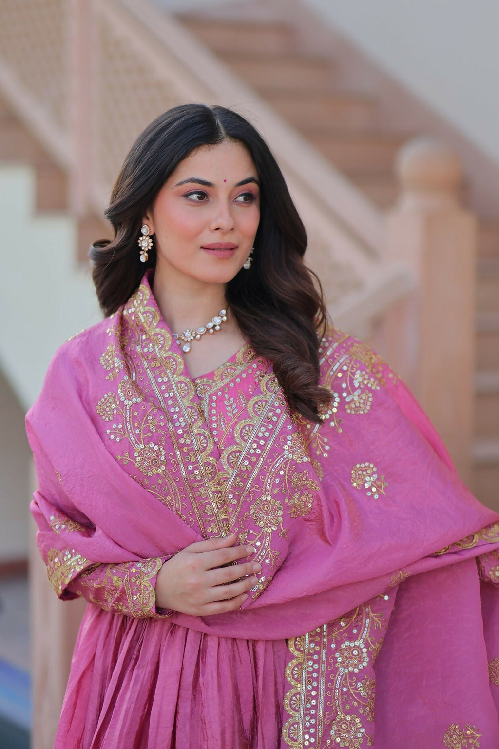 Joban Fashion Pink Crush Sequence Embroidery Work Kurta Set