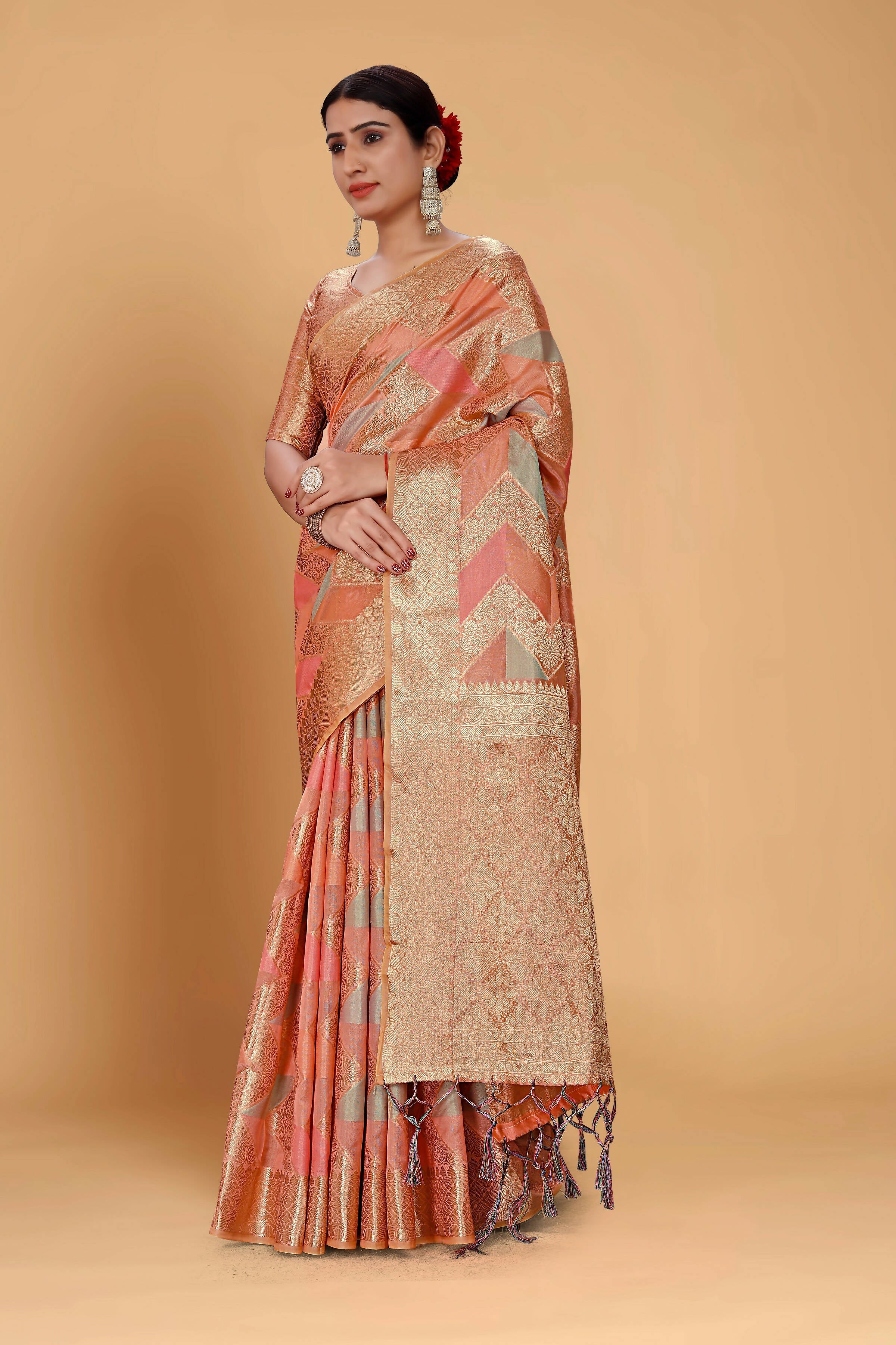 Peach Soft Organza Woven Design Saree With Unstitched Blouse Piece - Zaara