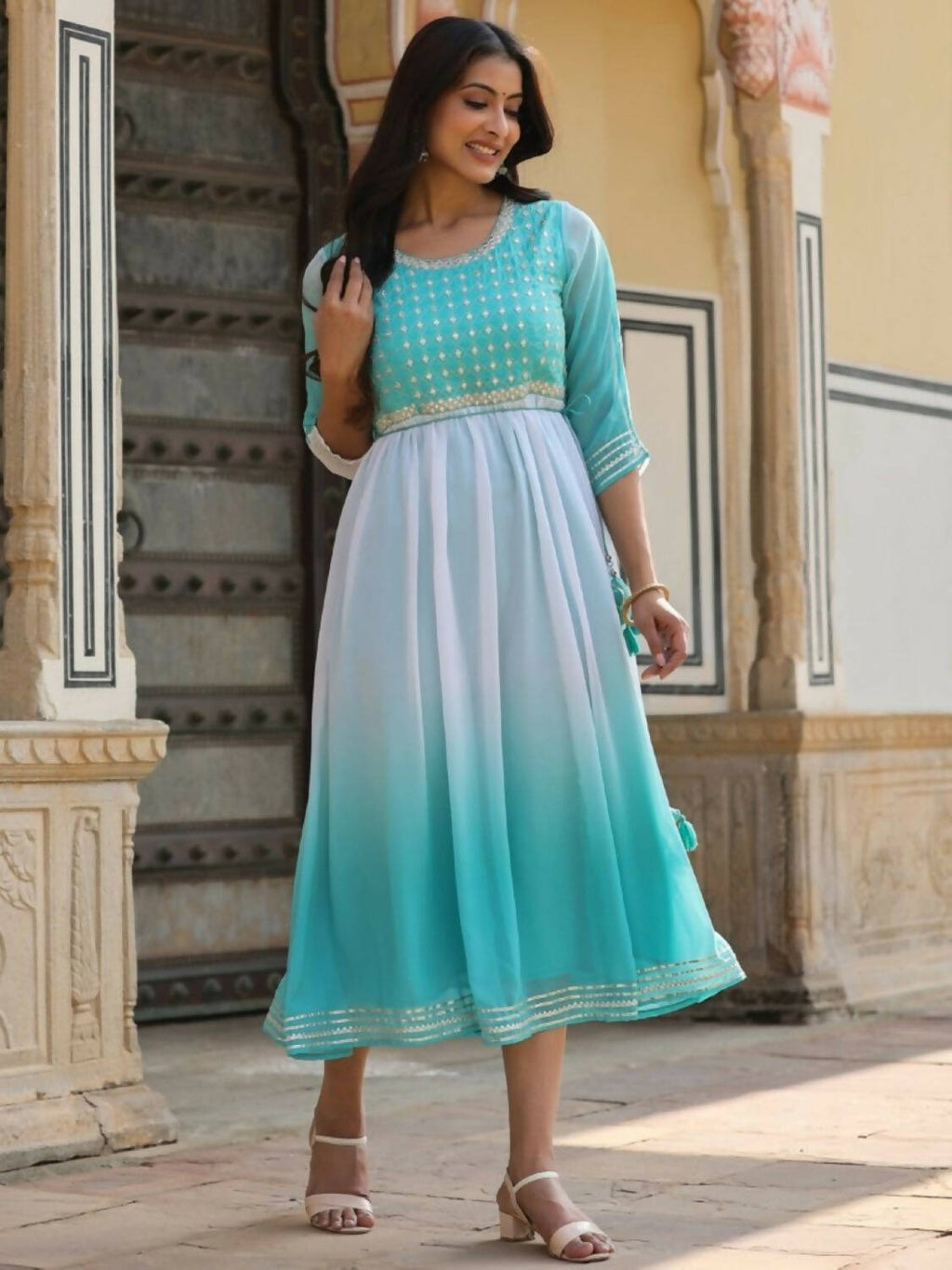 Juniper Women Teal Georgette Embroidered Maxi Dress