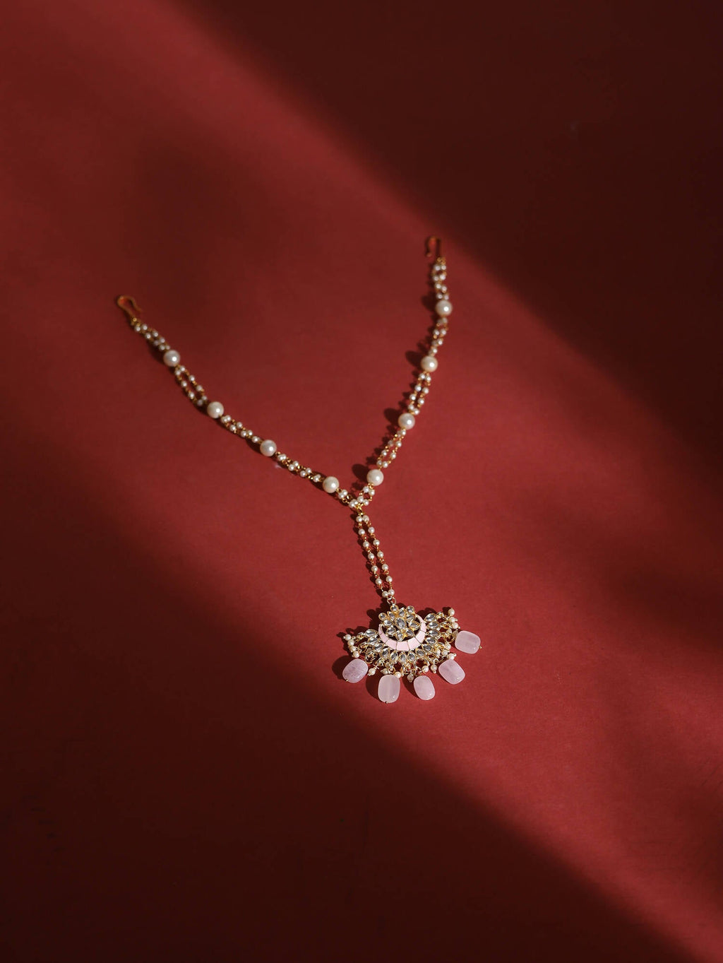 Gold-Polished White Kundan-Studded Pearl Beaded Matha Patti - Ruby Raang