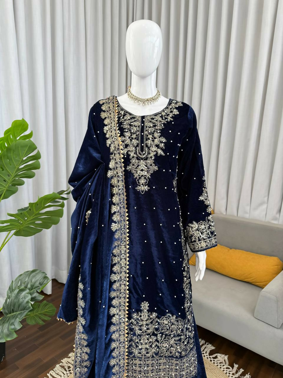 Vastranavya Blue Viscose Velvet Cording Sequence With Moti Work Top-Bottom With Dupatta