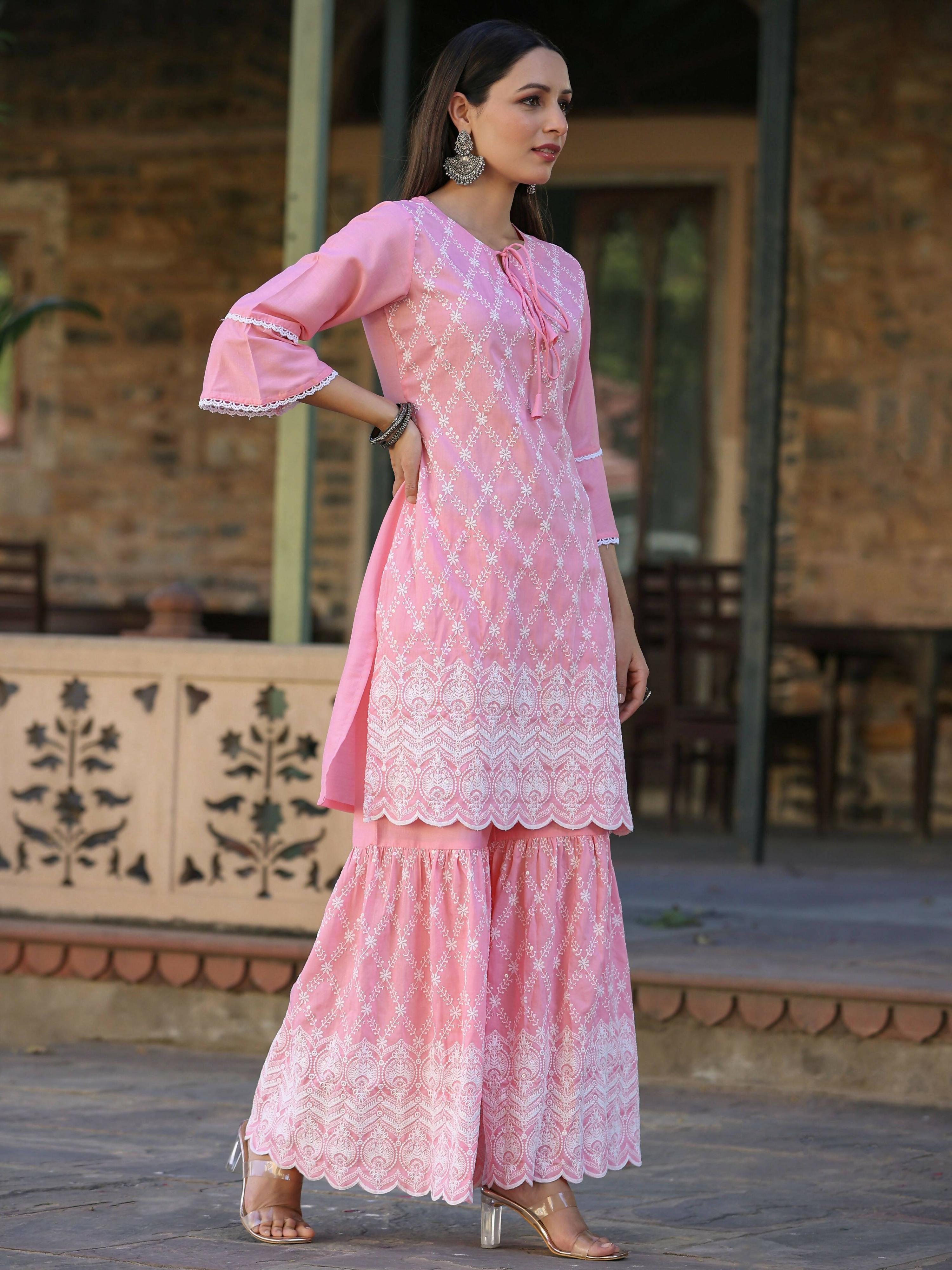 Juniper Women's Pink Chinnon Embroidered Kurta Garara Set