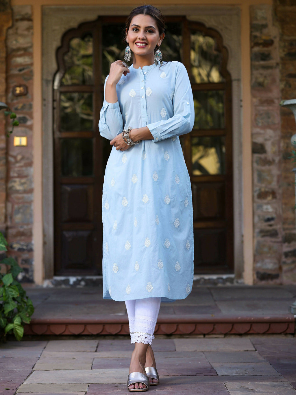 Juniper Women's Blue Cambric Embroidered Straight Kurta