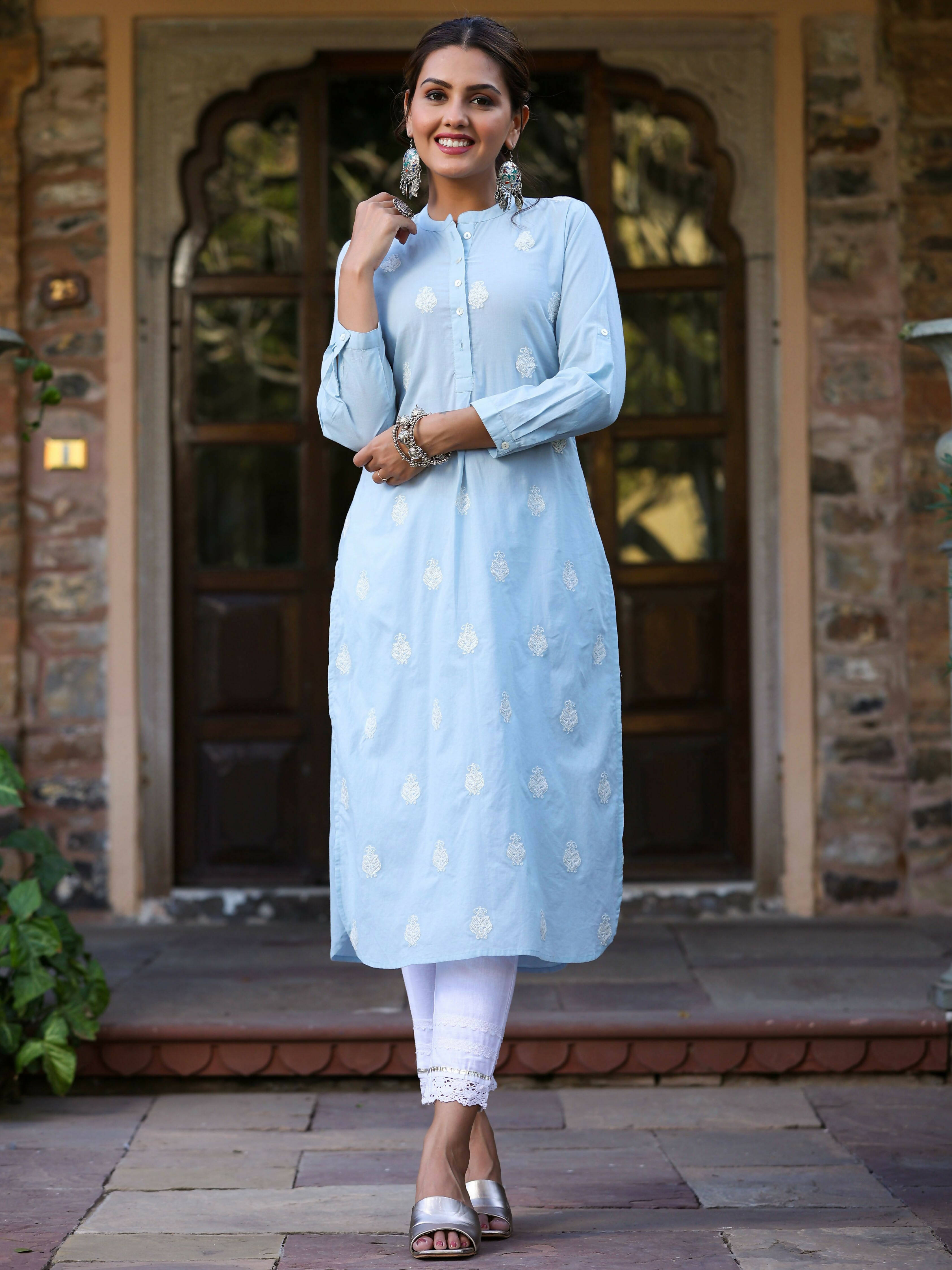 Juniper Women's Blue Cambric Embroidered Straight Kurta