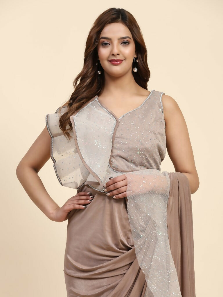 Light Brown Lycra Solid Ready to Wear Saree with stitched Blouse - Nita