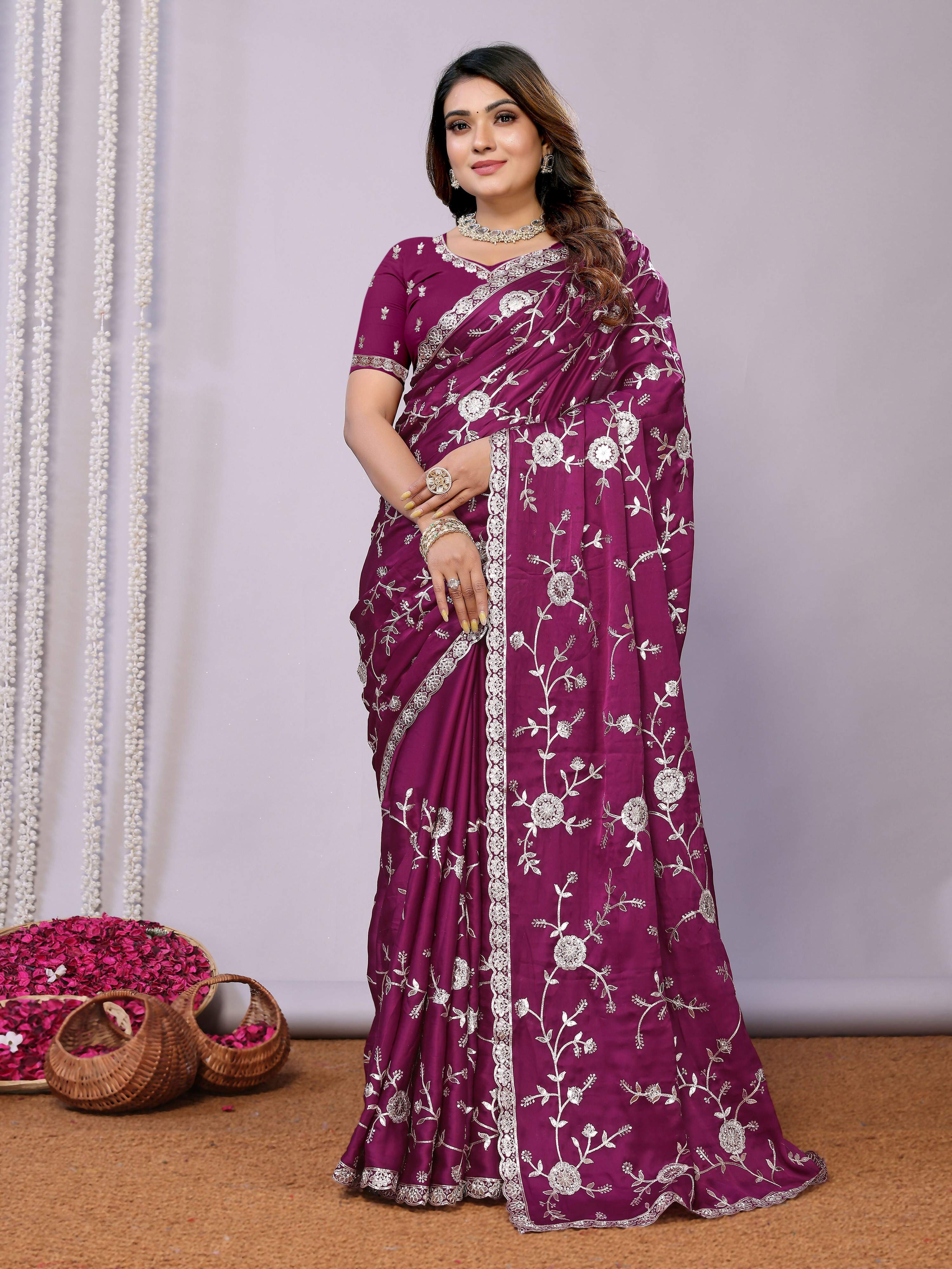 Purple Pure Satin Embroidered Saree With Stitched Blouse - Nimaya Kaksha