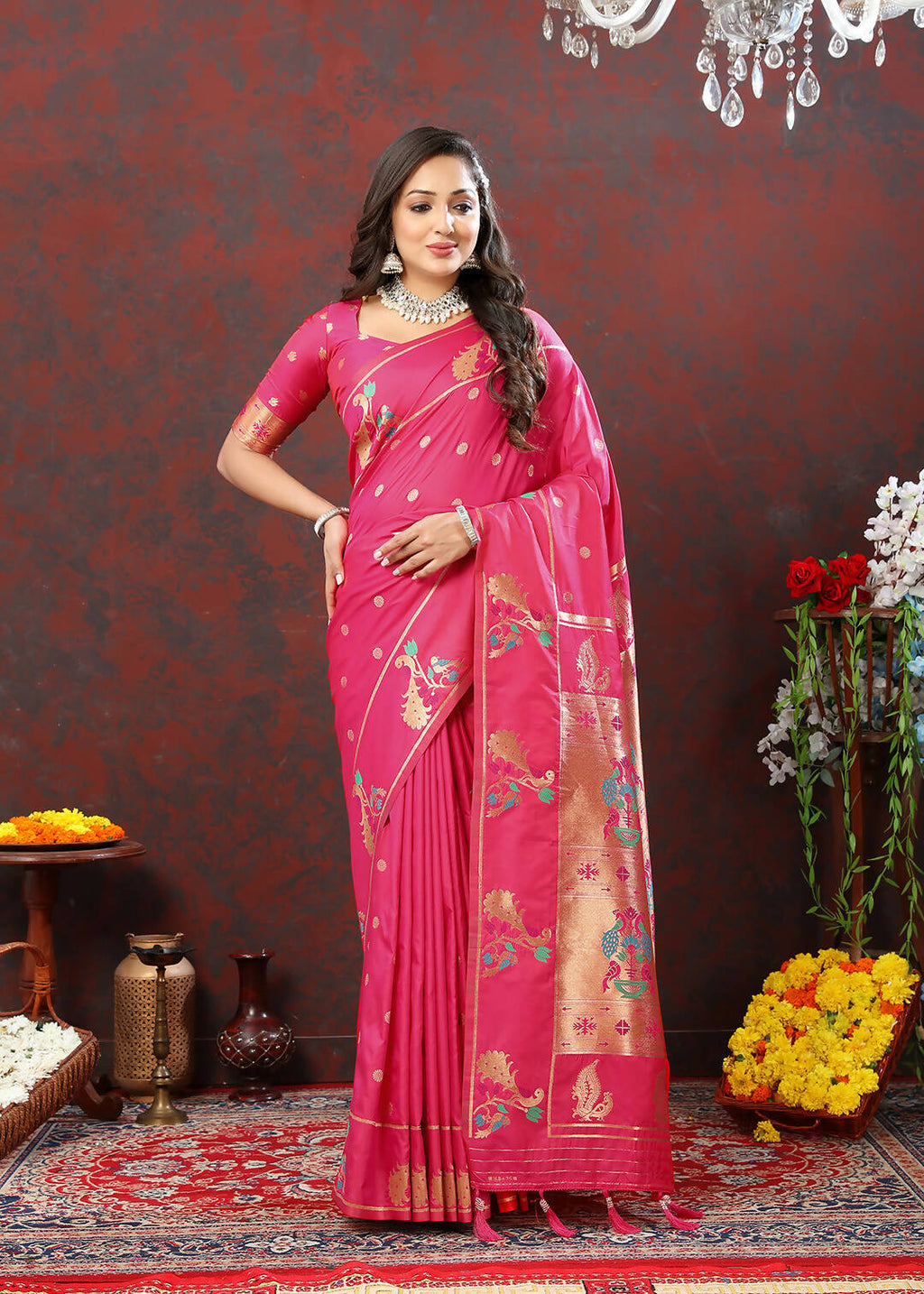 Lorenvalley Fashion Pink Soft Paithani Silk Woven Design Copper Zari Meenakari Weaving Saree
