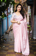 Pink Poly Crepe Ethnic Motifs Saree with Unstitched Blouse - Hiral Fashion