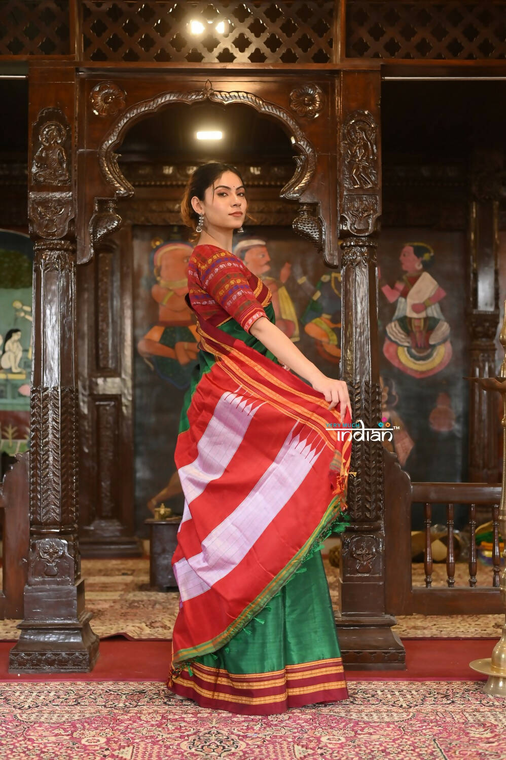 Very Much Indian Handloom Cotton Viscose Ilkal Saree Bright Green With Red Border
