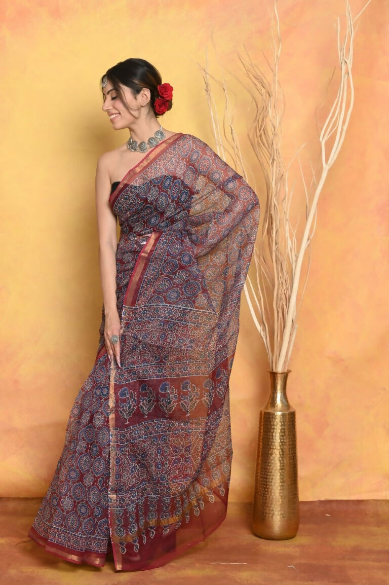 Very Much Indian Pure Kota Cotton Handblock Printed Saree - Grey
