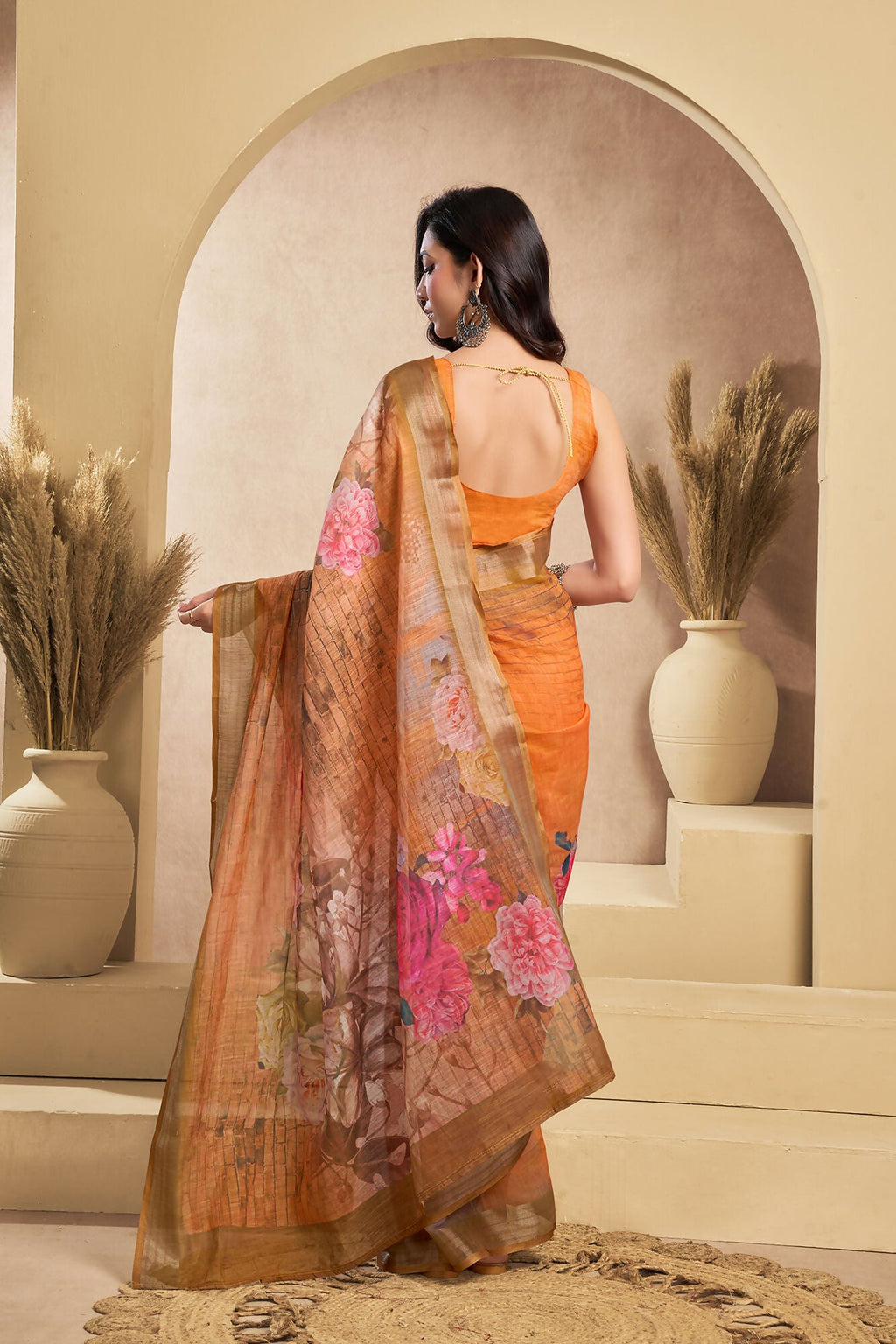 Vastranavya Orange Digital Printed Linen Ready To Wear Designer Saree with Unstitched Blouse