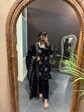 Vastranavya Blue Velvet Front Embroidery Work Kurta With Bottom & Dupatta