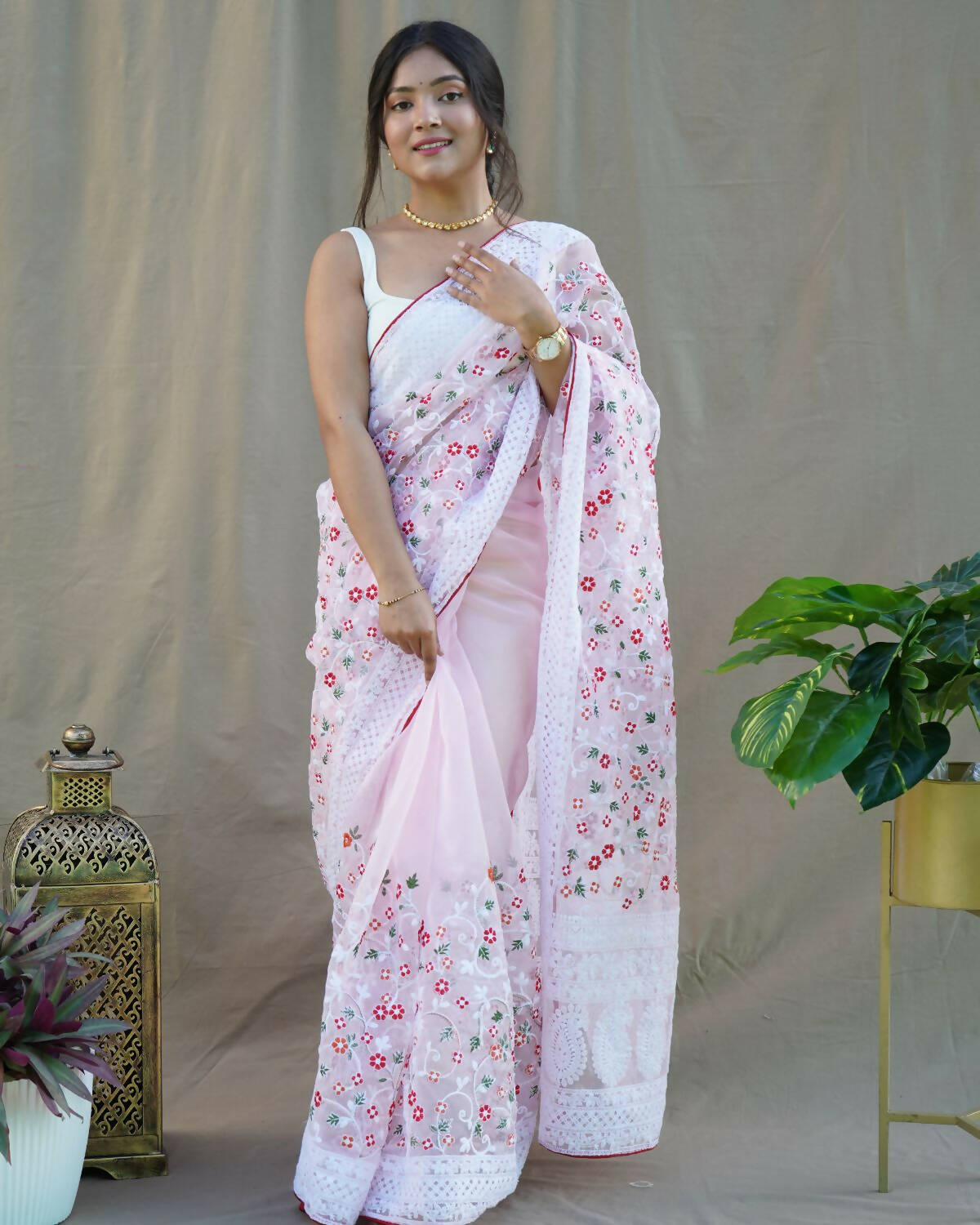 Vamsee Baby Pink Organza Saree