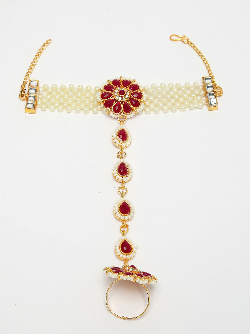 NVR Women's Red Gold-Polished Stone Studded Handcrafted Ring Bracelet