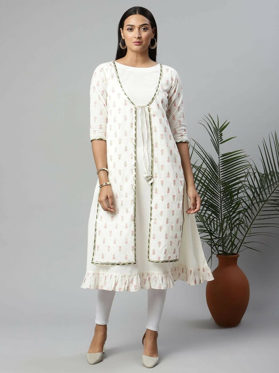 Ahalyaa Women's Off White Cotton Printed Kurta