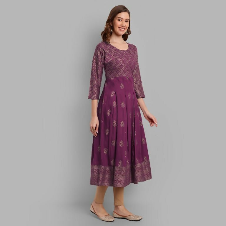 Alvano Beautiful Printed Anarkali Kurta for Women and Girls Casual wear, Partywear, Wedding (Wine)