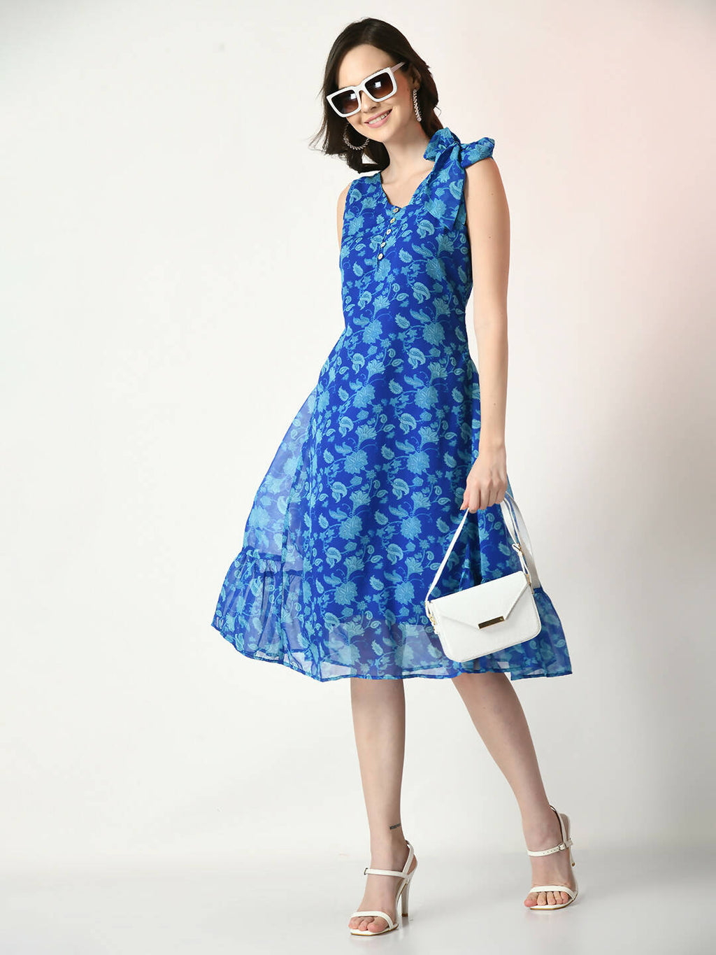 Myshka Women's Blue Fit and Flare Printed Dress