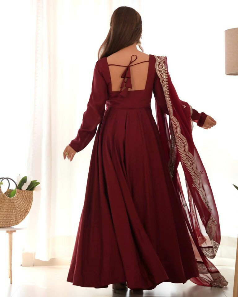 Teeya Creation Maroon Color Pure Roman Silk Chanderi Party Wear Fully Stitched Gown