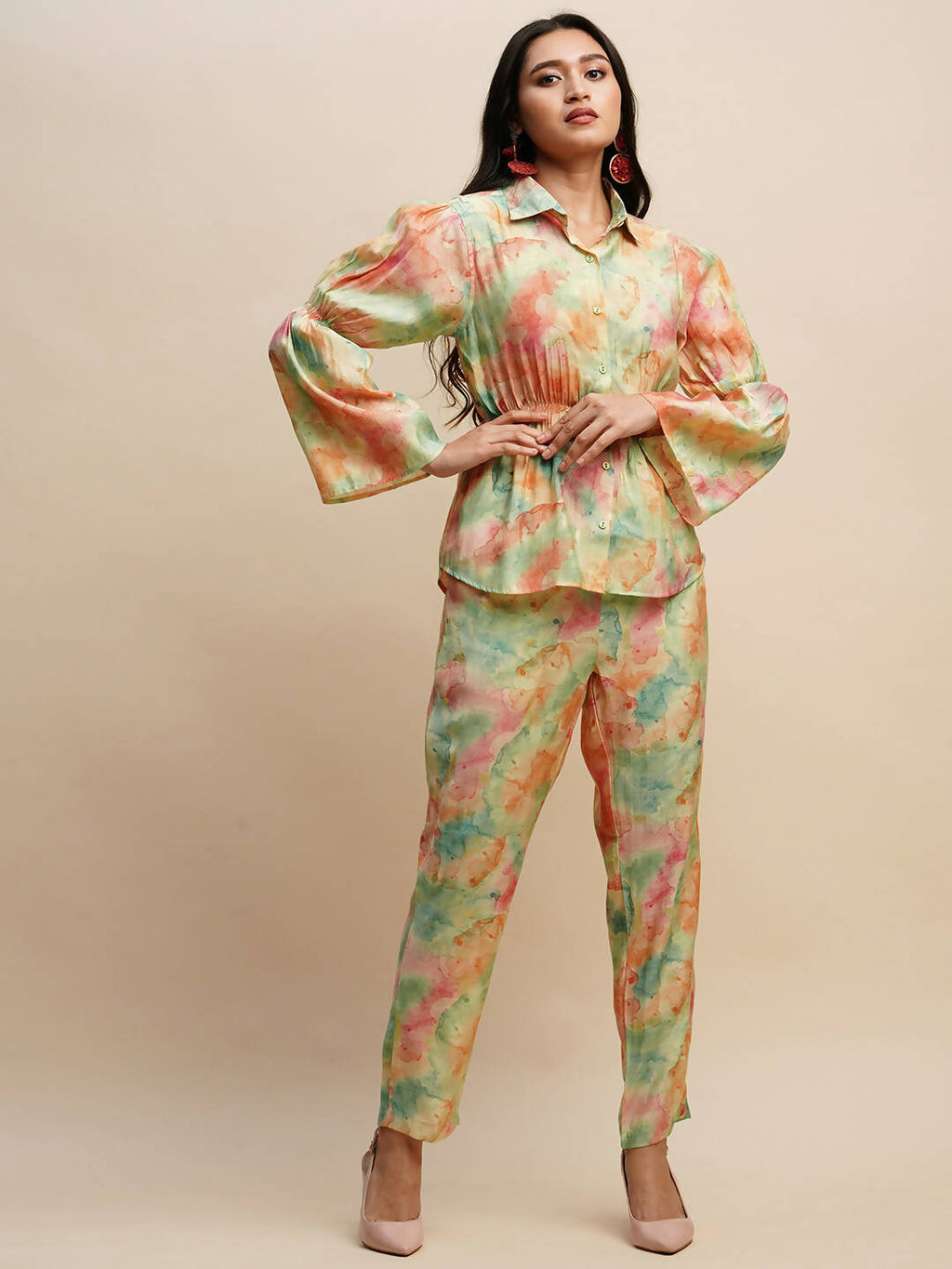 Light Green & Orange Poly Rayon Tie and dye Printed Top with Matching Trouser - Shivani