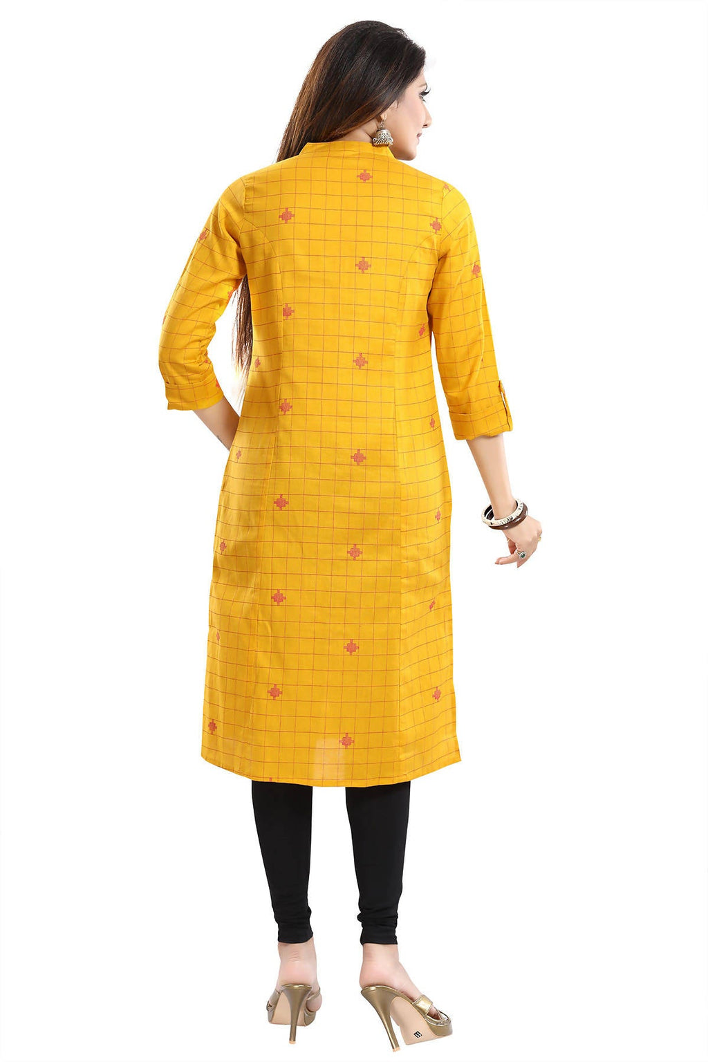 Snehal Creations Checkered Print Yellow Long Cotton Kurti
