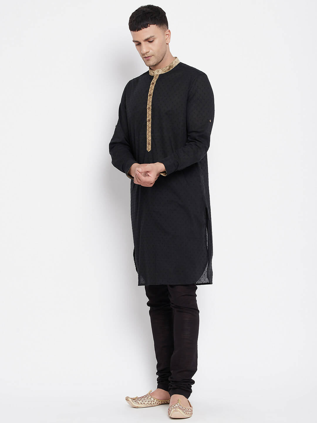 Even Apparels Black Pure Cotton Men's Kurta With Contrast Collar And Placket