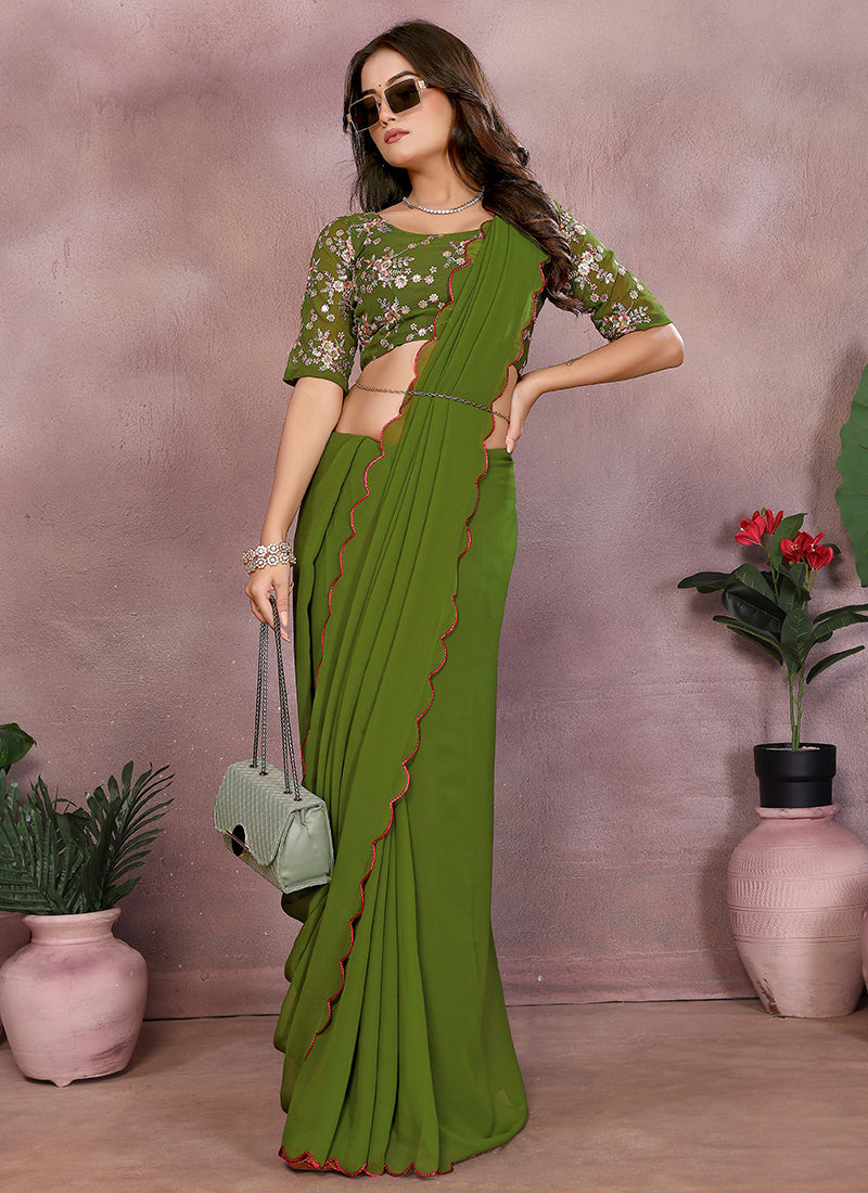 Vellora Mehendi Green Georgette Sequin Work Saree