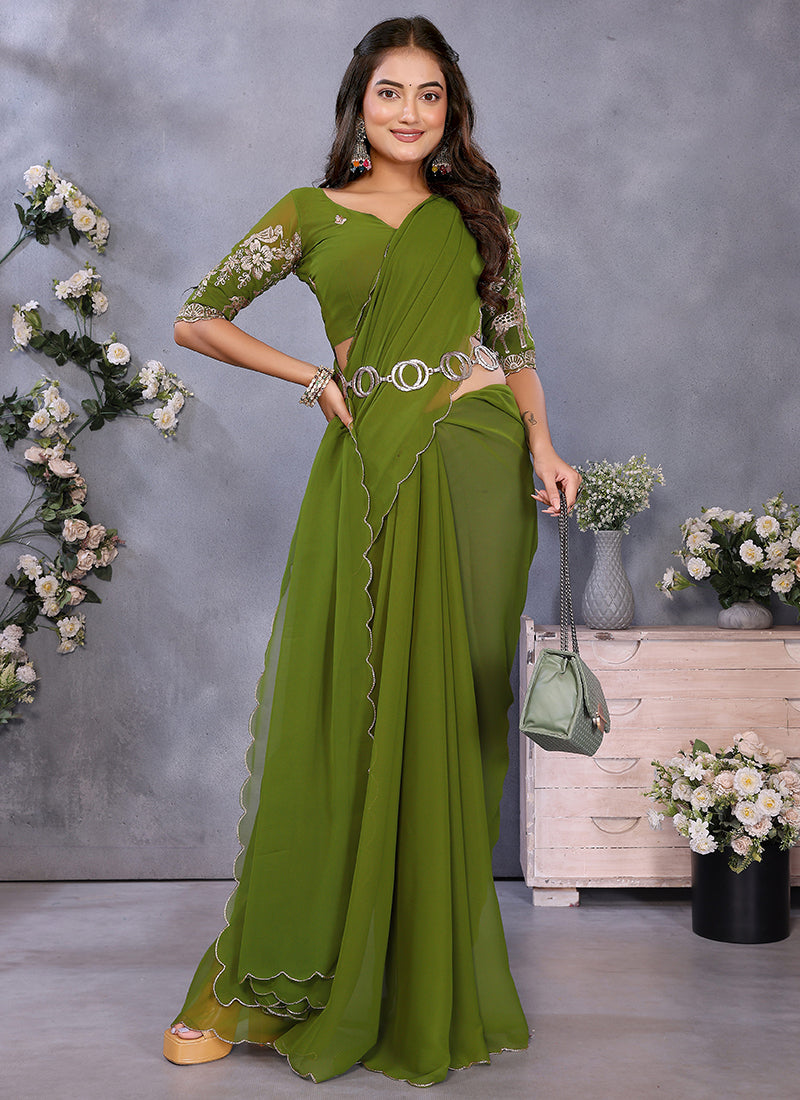 Vellora Mehendi Georgette Embroidery Zari Work Saree