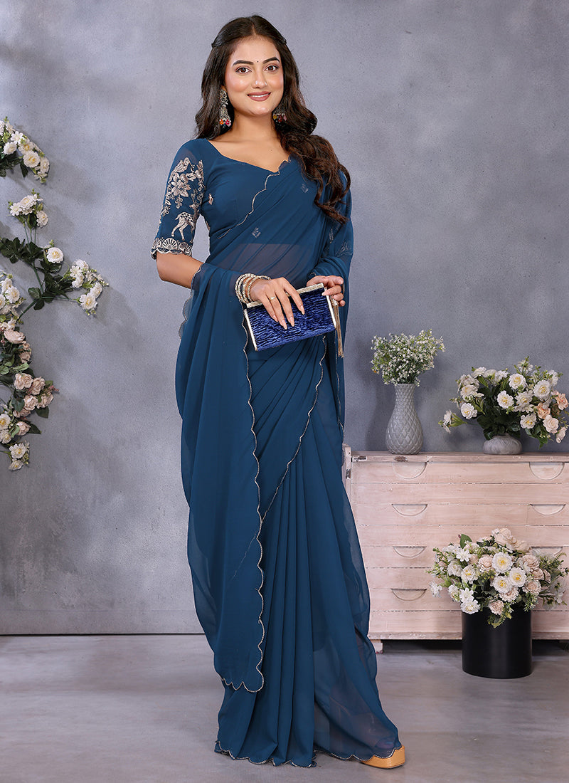 Vellora Navy Blue Georgette Embroidery Zari Work Saree