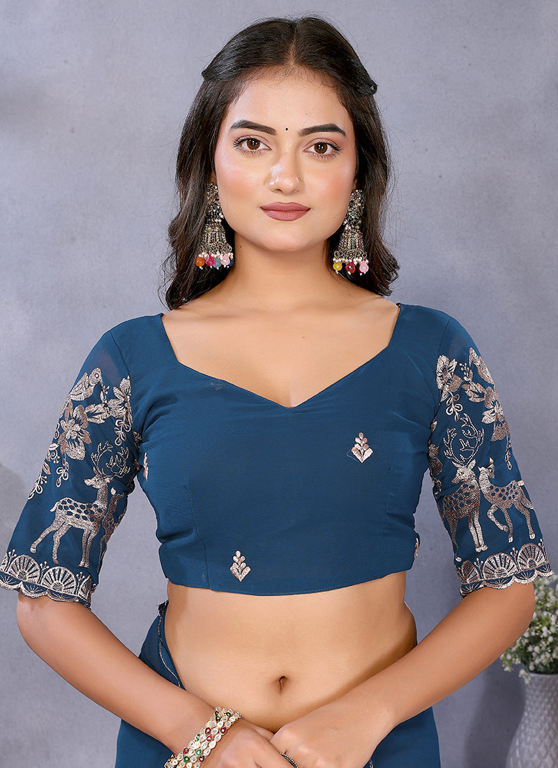 Vellora Navy Blue Georgette Embroidery Zari Work Saree