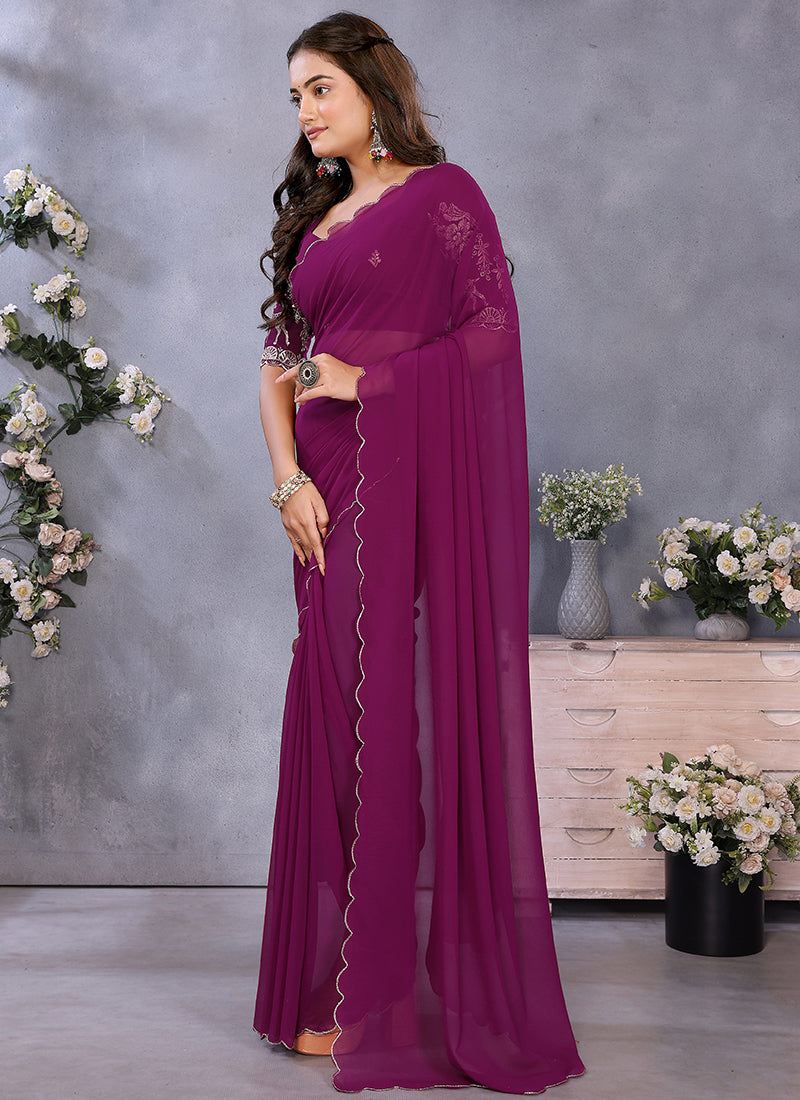Vellora Wine Georgette Embroidery Zari Work Saree