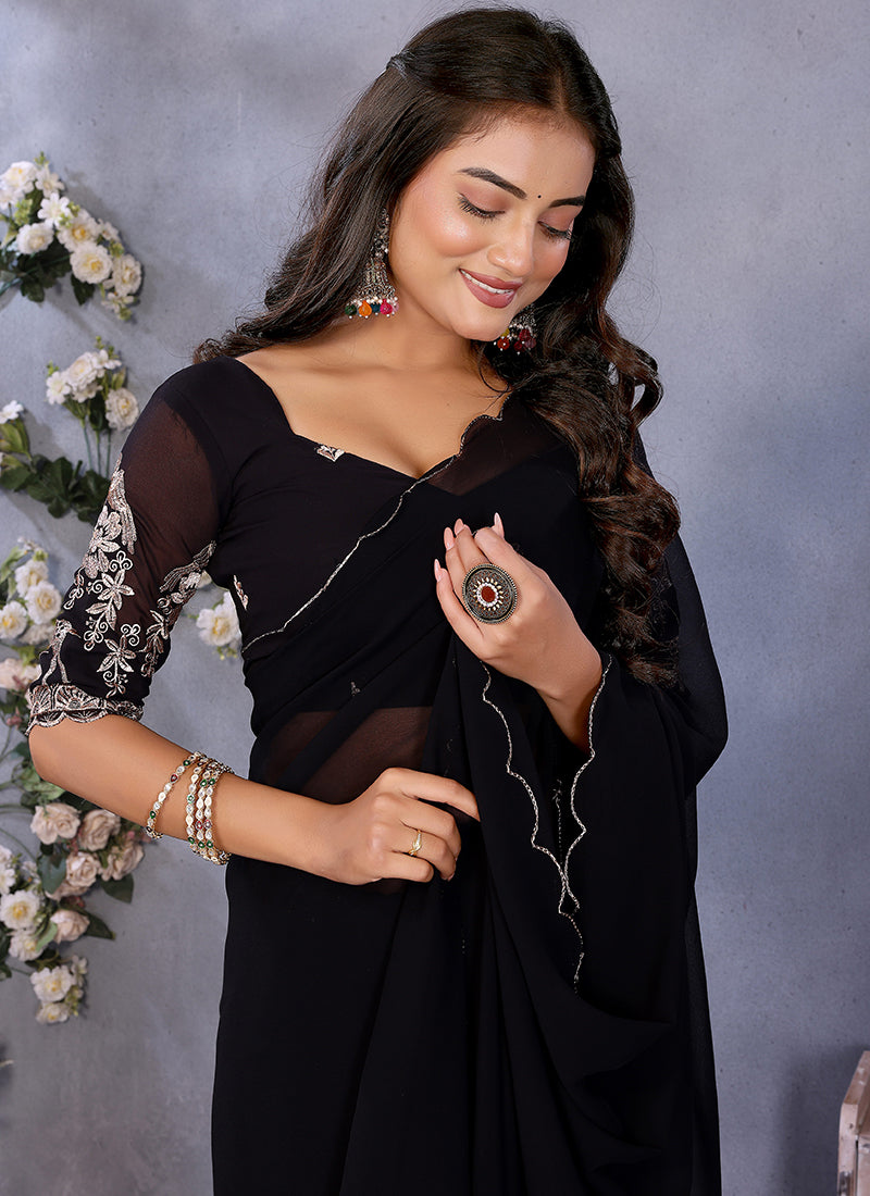Vellora Black Georgette Embroidery Zari Work Saree