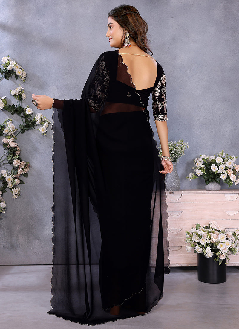 Vellora Black Georgette Embroidery Zari Work Saree