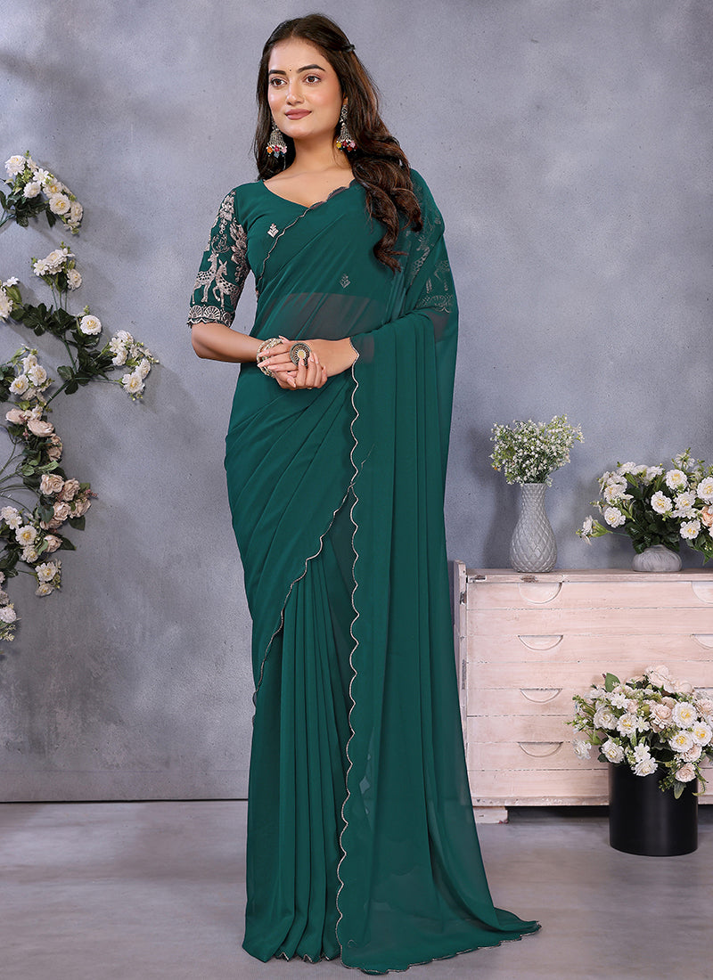 Vellora Rama Green Georgette Embroidery Zari Work Saree