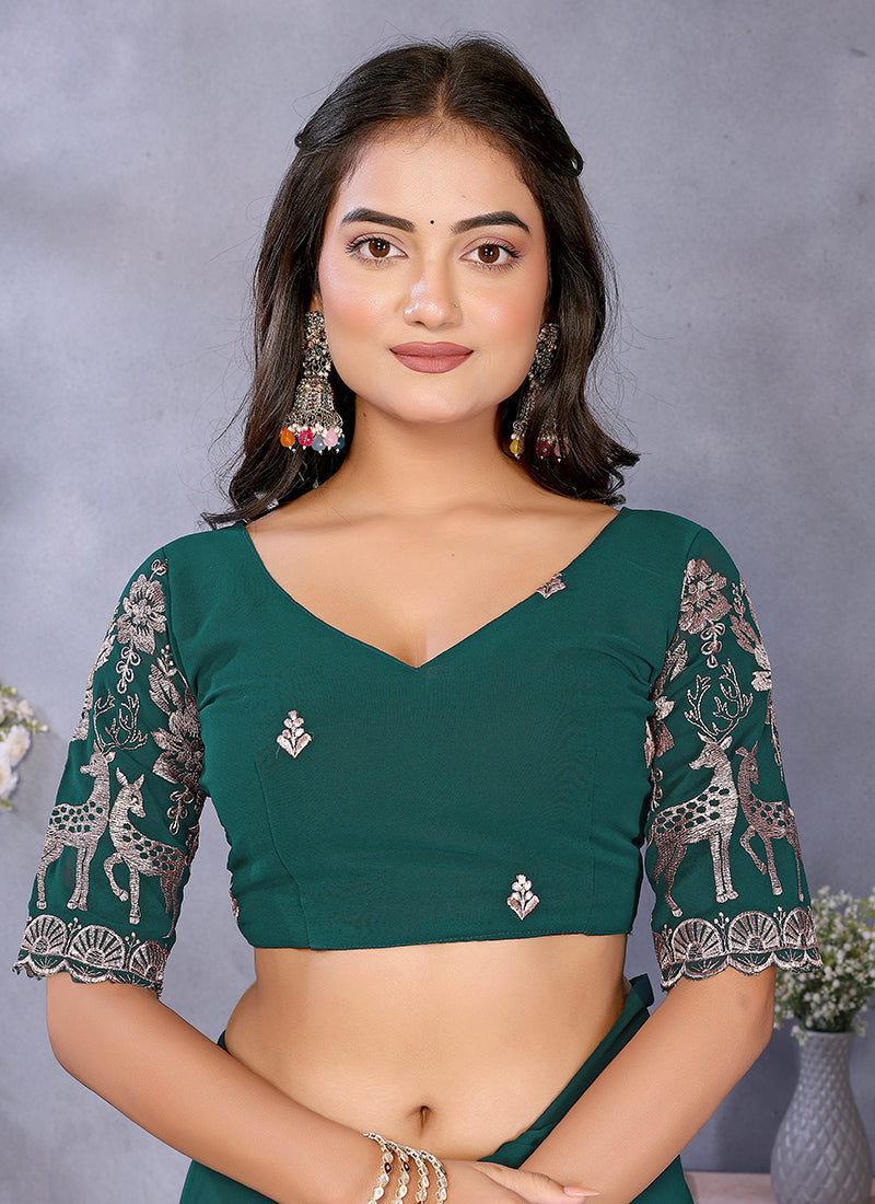 Vellora Rama Green Georgette Embroidery Zari Work Saree