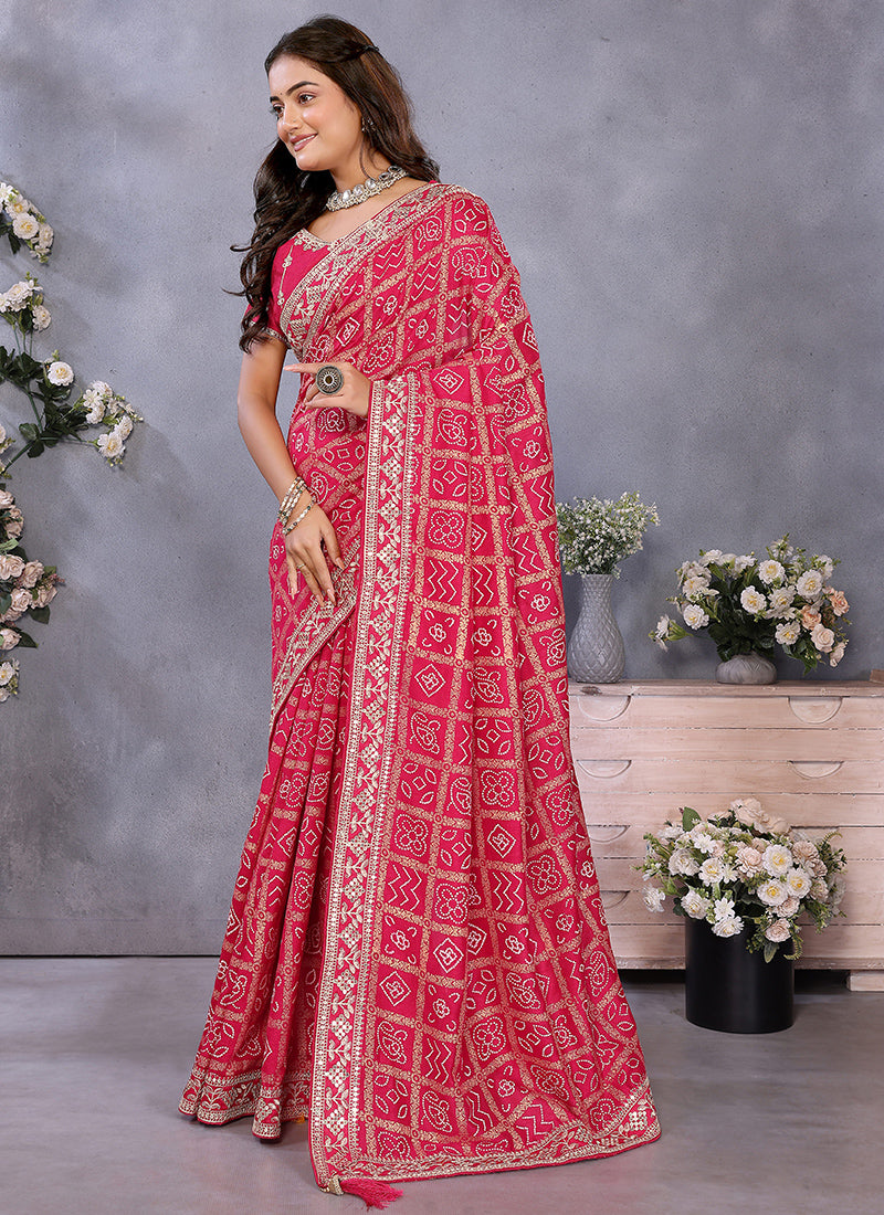 Vellora Red Vichitra Silk Foil Embroidery Codding Work Saree