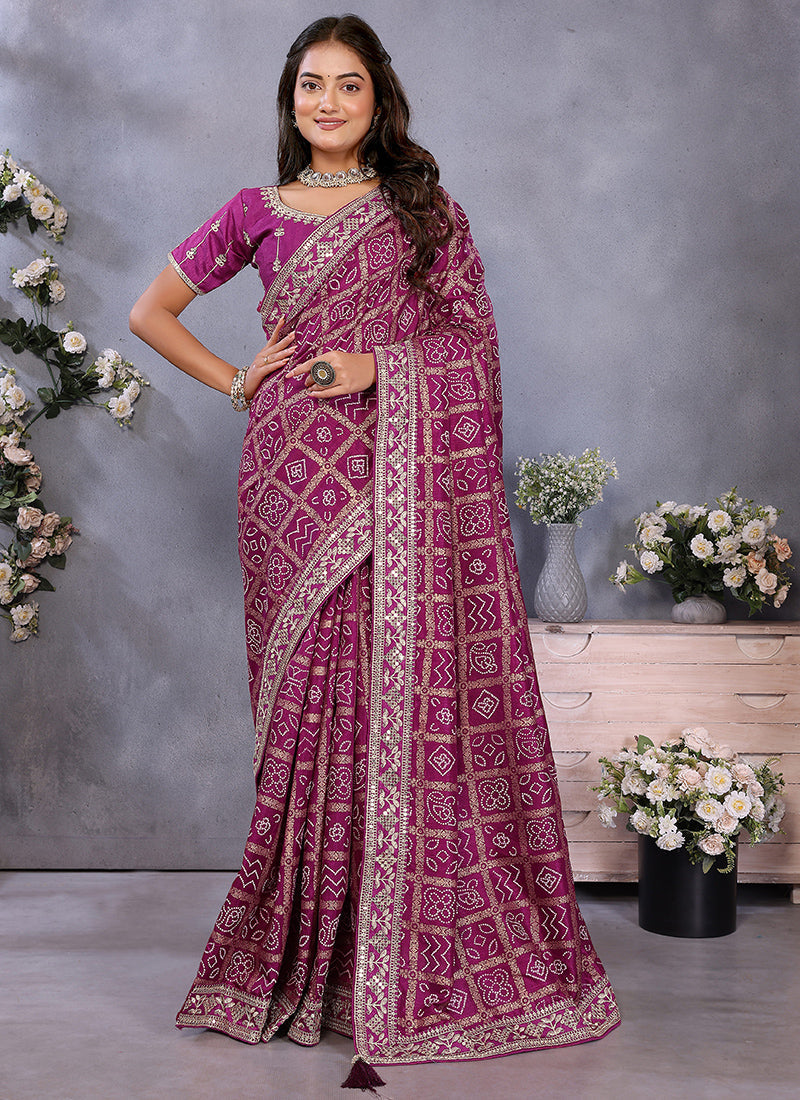 Vellora Wine Vichitra Silk Foil Embroidery Codding Work Saree