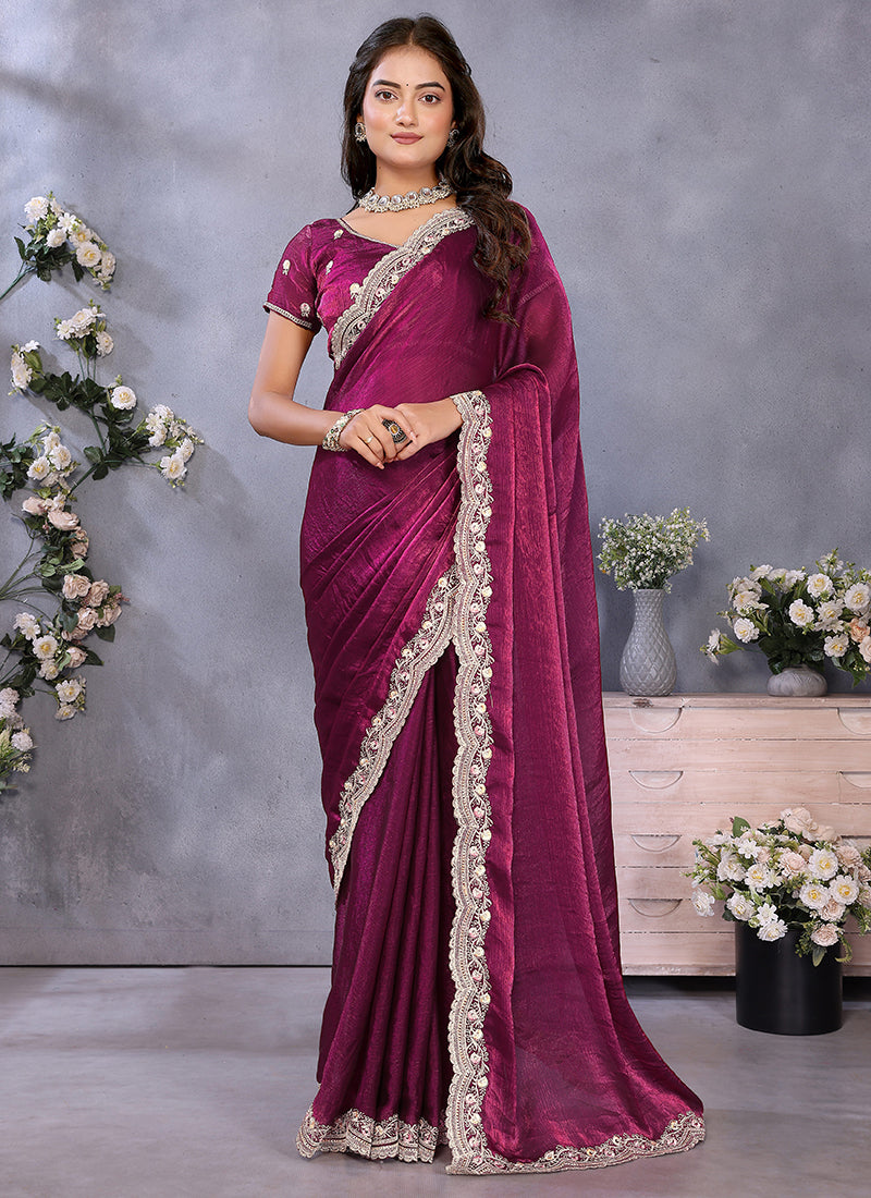 Vellora Wine Fendi Chiffon Embroidery Resham Work Saree
