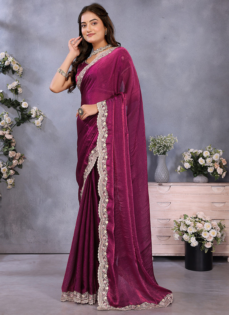 Vellora Wine Fendi Chiffon Embroidery Resham Work Saree