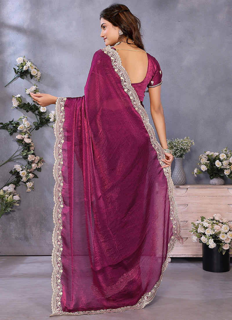 Vellora Wine Fendi Chiffon Embroidery Resham Work Saree